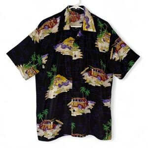 Vintage Hawaiian Surfing Retro Car Tropical Print Button Down Shirt